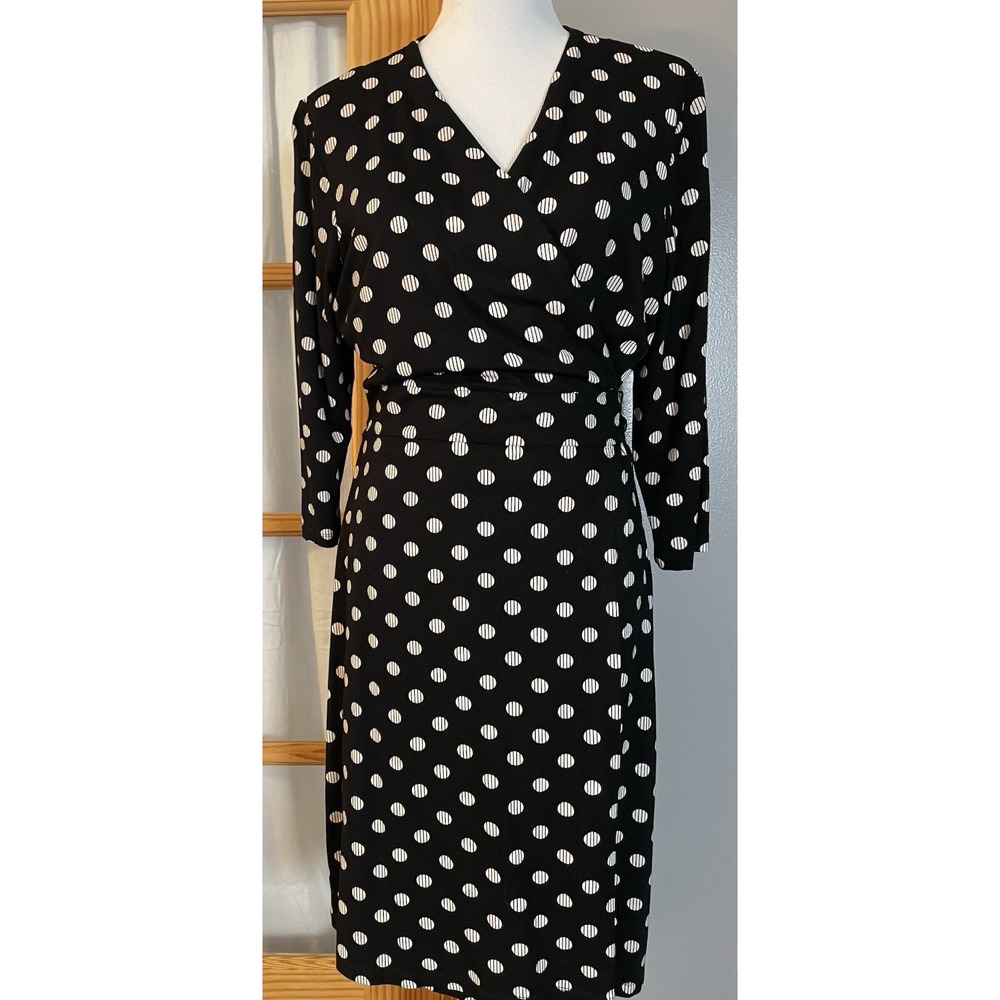 Sade New York Martey Wrap Dress Sz 14 Black Ivory Polka Dots Midi Belted Career